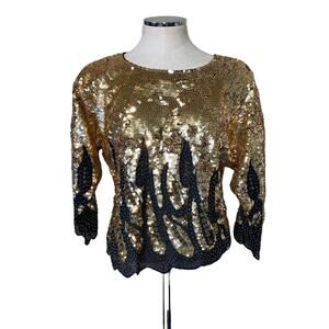 Vintage Black & Gold Sequins Beaded Blouse with scalloped hem size 44 M/L